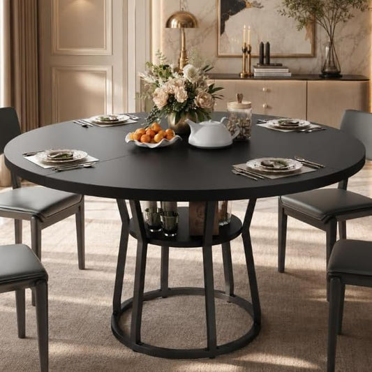 Garvee 47" Round Dining Table for 4-6 with Storage Shelf, Black | Heavy-duty steel base, waterproof built-in storage shelf with Metal Legs - color: Black, size: R-Shape