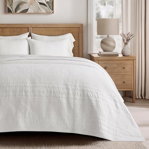 EVERGRACEHOME 100% Cotton Quilt Set Oversized Cal King, Bright White | Pre-Washed Soft Cotton, Striped Coverlet Bedspread, 3 Piece Lightweight Bedding Set for All Season, with 2 Pillow Shams - color: Bright White, size: Oversized Cal King (118" X 102")