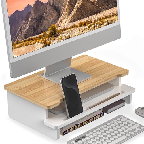 16.5” Bamboo Monitor Stand with Phone & Tablet Holder Desk Shelf | Monitor Riser for 36-48 Inch Desk Cozy Computer Setup Workplace Organizer Keyboard Storage Ergonomic White & Natural Bamboo - color: White & Natural Bamboo, size: 16.5 inch