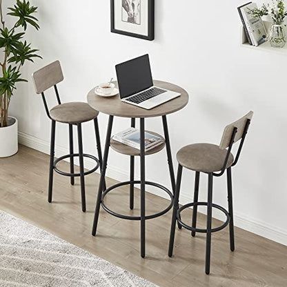 KIVENJAJA 3-Piece Bar Table Set for 2, Small 2-Tier Round Bistro Pub Dining Table & PU Upholstered Stools with Backrest, Counter Height Table and Chairs Set for Kitchen Small Space, Grey - color: Grey