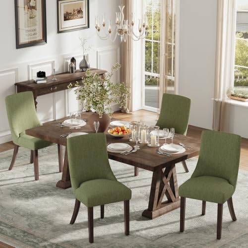 MALOL Wooden Dining Chairs Set of 4, Upholstered Kitchen & Dining Room Chairs with Solid Wood Legs Curved Backrest Farmhouse Accent Chair for Dining/Kitchen/Living Room, Green - color: Green, size: Set of 4