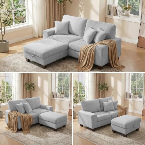 DOPEDIO 71.25" L-Shaped Sectional Sofa with Storage Ottoman, Light Gray | L-shaped sectional sofa with storage ottoman, chenille fabric, washable covers, pocket spring cushions, easy assembly - size: 71.25 inch-L, style: Light Grey Chenille