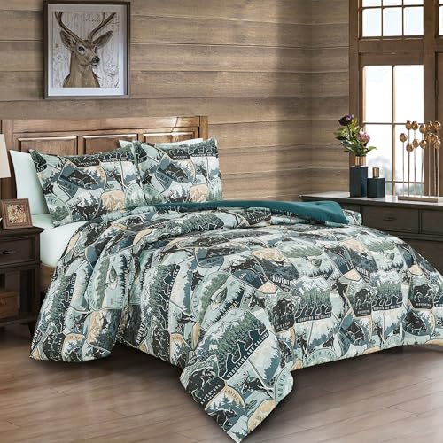 Chezmoi Collection Bishop 3-Piece North Lake Motif Comforter Set - Multicolor Blue Green Brown Black Printed Washed Cabin Lodge Microfiber Bedding, Full - color: Multi North Lake, size: Full