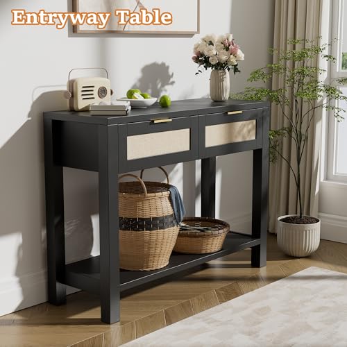 Boho Chic Console Table with 2 Rattan Drawers and Open Shelf Storage, Narrow Farmhouse Sofa Table for Small Space Entryway, Living Room,Hallway, Black - color: Black