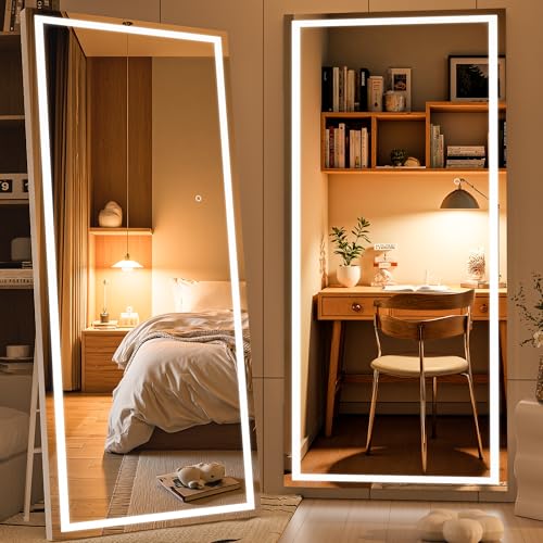 71" x 32" Full Length Mirror with Lights, LED Lighted Floor Standing Body Mirror, Dimmable & 3 Color Lighting for Bedroom, Cloakroom, Dressing Room, Tempered Glass, White Frame - color: White, size: 71"L x 32"W