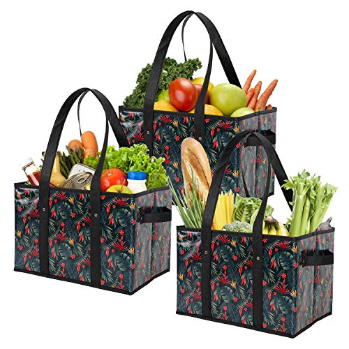 Foraineam Reusable Grocery Bags Set Durable Heavy Duty Tote Bag Collapsible Grocery Shopping Box Bag with Reinforced Bottom - color: Vibrant Foliage / 3 Pack