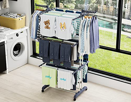 HOMIDEC Clothes Drying Rack, 4-Tier(67.7" H) Foldable Drying Rack Clothing | Foldable Stainless Steel Drying Rack, Movable Laundry Drying Rack with 4 Castors and 14 Hooks for Bed Linen, Clothing, Grey - color: Gray