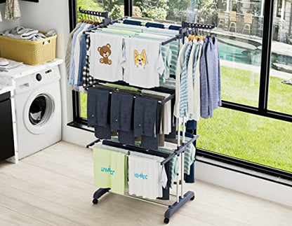 HOMIDEC Clothes Drying Rack, 4-Tier(67.7" H) Foldable Drying Rack Clothing | Foldable Stainless Steel Drying Rack, Movable Laundry Drying Rack with 4 Castors and 14 Hooks for Bed Linen, Clothing, Grey - color: Gray