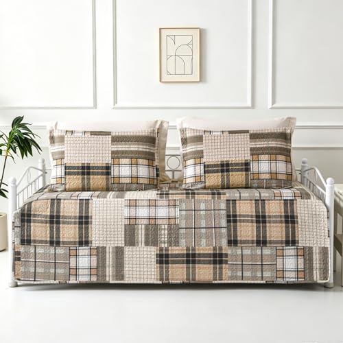 Jarson 3 Pcs Plaid Daybed Cover Set Twin Size Brown Beige Sofa Cover Double Side Bed Set Classic Patchwork Bedding Sets Daybed Quilt Set with Pillow Shams - color: Brown Beige