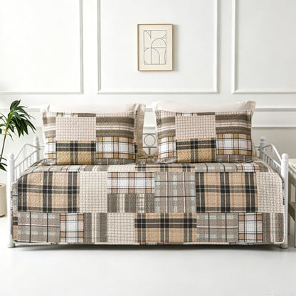 Jarson 3 Pcs Plaid Daybed Cover Set Twin Size Brown Beige Sofa Cover Double Side Bed Set Classic Patchwork Bedding Sets Daybed Quilt Set with Pillow Shams - color: Brown Beige
