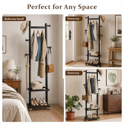 Small Clothes Rack Solid Wood Coat Rack Freestanding with Wheels | Space Saving, Stable 5 Hooks 2 Shelves Coat Tree, Silent 360 Degree Wheels, Heavy Duty 150 lb Capacity for Entryway Bedroom - color: Black, size: S: 15.7" x W: 11.8" x H: 70" (With Wheels)