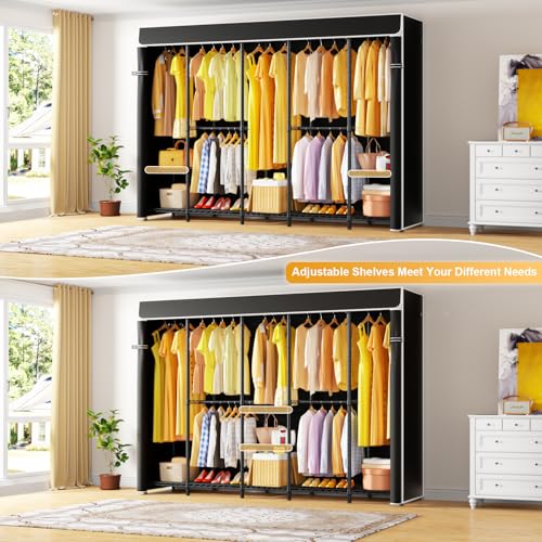 H50C Clothes Rack with Cover, Large Covered Clothing Rack, Black | Freestanding Portable Closets for Hanging Clothes, Heavy Duty Garment Racks with Shelves, 91.3 Inches Wide, Max Load 1350 Lbs - color: Black Rack with Black Cover