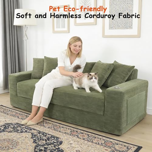 76" Convertible Sofa Bed, Corduroy Boneless Couch with Cup Holders & Pocket | 2-in-1 Sleeper Sofa, Pull-out Couch Bed with 5 Pillows, Living Room, Small Spaces, Bedroom, No Assembly - color: 76"light Green