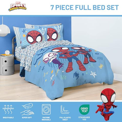 Jay Franco Marvel Spidey and His Amazing Friends 7 Pc Full Comforter Set | Super Soft Microfiber Bed in a Bag, Superhero Bedding, Ghost-Spider, Machine Washable, Official Marvel Product, Kids Gift - color: Light Blue - Spidey & His Amazing Friends, size: