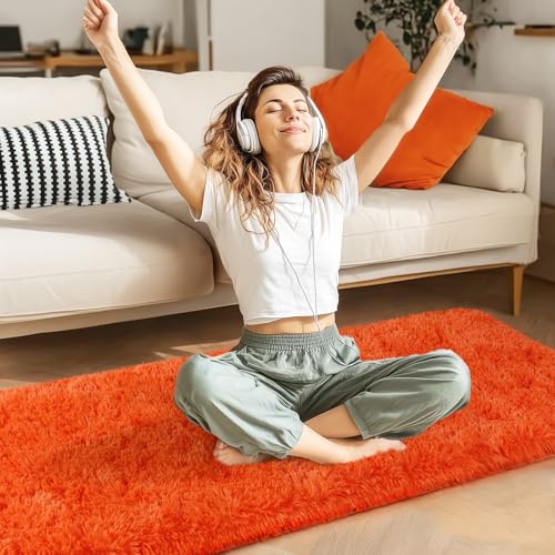 Fluffy Runner Rug for Bedroom Hallways, Orange 2x6 Area Rug for Living Room | Modern Shaggy Carpets Fuzzy Indoor Floor Rug for Boys Girls Dorm Teens Home Decor Aesthetic, Upgrade Non-Slip Durable - color: Orange, size: 2' x 6' (Rectangular)