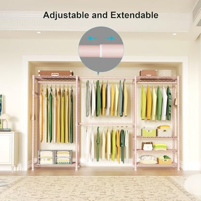 E1 Heavy Duty Closet Garment Rack, 6 Tiers Expandable Clothing Storage | Pink Adjustable Metal Freestanding Clothes Rack with 4 Hanger Rods, Easy-to-Assemble Wardrobe - color: Pink