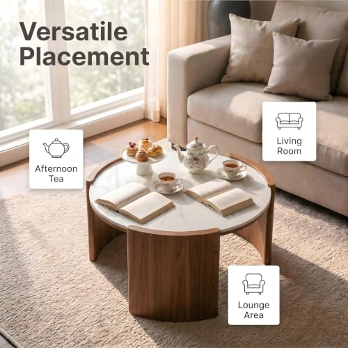 KEIKI 31.5" Round Sintered Stone Coffee Table, Glossy White Marble Look Center Table with Thick Slab Legs, Modern Circular Cocktail Table for Living Room, Apartment, Walnut White Marble - color: Walnut White Marble