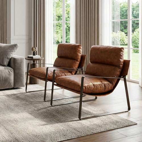 LukeAlon Modern PU Leather Accent Armchair, Brown | Pu Leather Upholstered Living Room Chair With Brass Frame & Thickened Cushion, Comfy Single Lounge Sofa for Bedroom, Office - color: Brown-lychee Grain