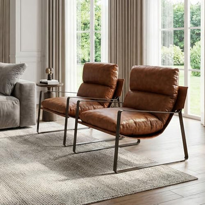 LukeAlon Modern PU Leather Accent Armchair, Brown | Pu Leather Upholstered Living Room Chair With Brass Frame & Thickened Cushion, Comfy Single Lounge Sofa for Bedroom, Office - color: Brown-lychee Grain