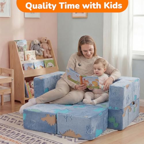MeMoreCool Glow Modular Kids Couch, Dinosaur | modular foam seating, removable washable cover, dinosaur glow design, lightweight pieces, playroom furniture - color: Denim Dinosaur