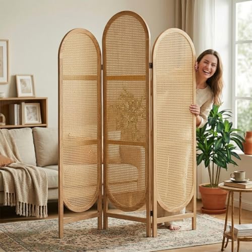 3 Panel Rattan Room Divider Screen, Boho Folding Privacy Screen | Decorative Room Divider Panel, Foldable Boho Wood Room Partition, Portable Wall Divider for Room Separation Indoor, Natural - color: 3 Panels Natural, size: 3 Panels