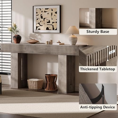 63-Inch Long Entryway Console Table with a Fluted Design, Thick Wood Farmhouse Sofa Table Behind Couch, Narrow Hallway Accent Table for Living Room, Foyer, Entrance,Grey - color: Grey, size: 63 Inch