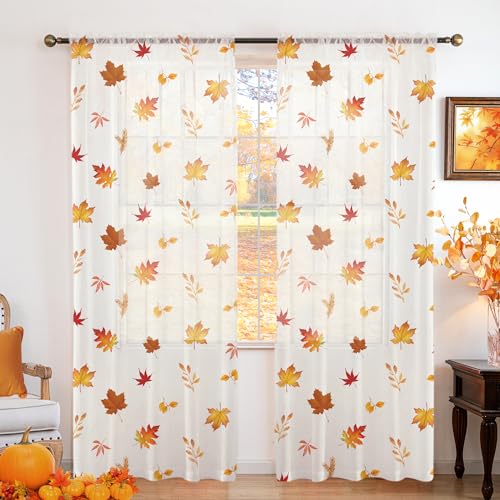 youleyar Fall Sheer Curtains for Living Room 63 Inches Long 2 Panels Orange Semi-Sheer Curtain with Maple Leaves Printed Pattern Fall Rod Pocket Voile Drapes for Bedroom, 52" W x 63" L - color: Flall - Maple Leaves, size: 52"W x 63"L (Pack of 2)