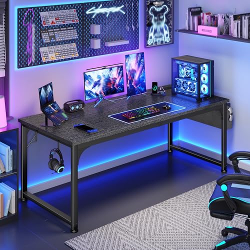 DurayLoly 55 x 24 inch Desk, 24mm Thick Heavy Duty Computer Desk with RGB LED & Power Outlets, Gaming Desk with Detachable Stand, 150LBS Load Capacity, Work Gaming Desk for Home Office, White - color: Black, size: 55 Inch