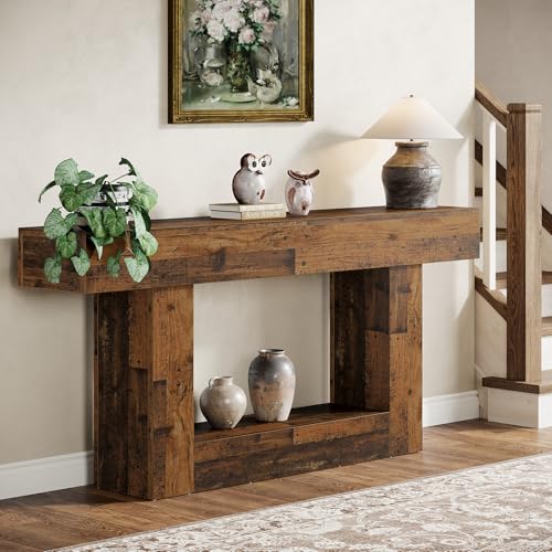 Tribesigns 63" Console Table, Farmhouse 2-Tier Entryway Table with U-Shaped Base, Narrow Long Wood Sofa Table Behind Couch Table for Living Room, Hallway, Foyer, Mix Brown - color: Mix Brown