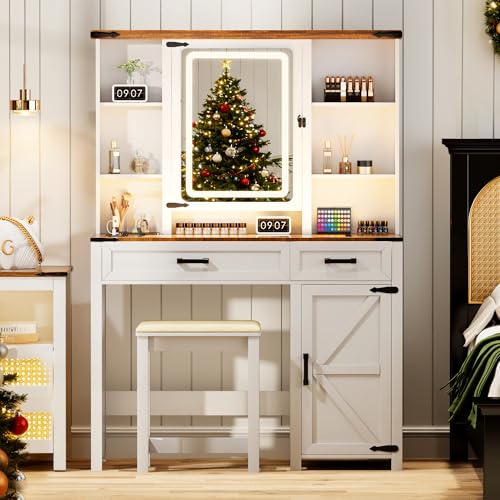 TAGELIER Farmhouse Vanity Desk Mirror with Lights with Charging Station | Glass Top 3 in 1 Vanity Table with Drawers & Shelves, Rustic Big Makeup Desk for Bedroom/Cloakroom, Stool Included - style: White