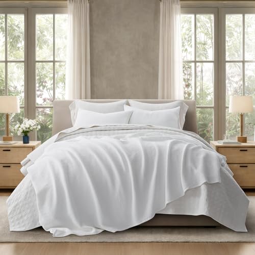 100% Cotton Waffle Coverlet Set, King Size, Bright White | Soft Premium Waffle Weave Cotton Bed Blanket, Lightweight Oversized Bedspread, All Season 3-Piece Bedding Set with 2 Shams - color: Bright White, size: King/Cal King (108" X 96")
