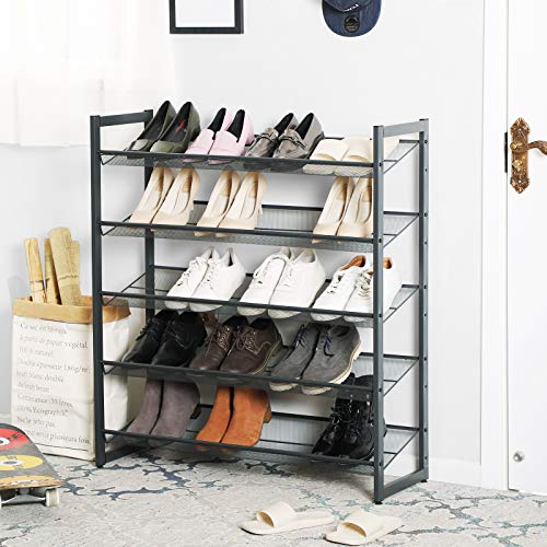 SONGMICS Shoe Rack, 5-Tier Shoe Organizer, Metal Shoe Storage for Garage, Stackable Shoe Shelf, with Adjustable Flat or Angled Shelves, 20-25 Pairs, Charcoal Gray ULMR05GB - color: Charcoal Gray, size: 5 Tiers (36.4''W)