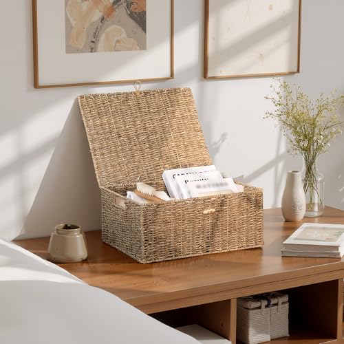 StorageWorks Wicker Storage Baskets for Shelves, Large Basket with Lid | Woven Baskets with Lids for Shelves, Wicker Storage Baskets with Lids, Decorative Box, Lidded Baskets for Organizing, 1 Pack - color: Natural(Seagrass), size: 16½"L × 13"W × 7½"H