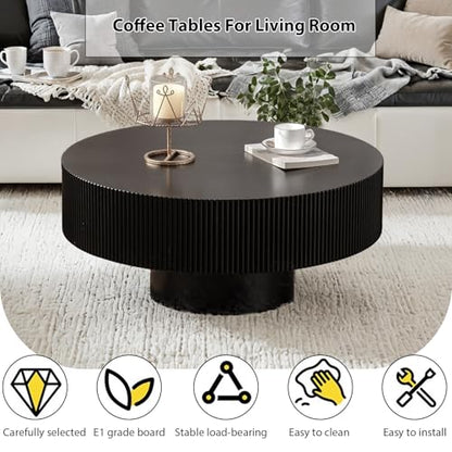 Round Fluted Coffee Table Handcrafted Relief Drum End Table | Mid Century Modern Drum Coffee Tables Rustic Industrial Wood Center Table for Apartment Living Room - color: Black Round Thick