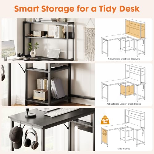 Sweetcrispy 43" Computer Desk, L Shaped Corner Gaming Desk, Power Outlet | Reversible Corner Computer Table, Adjustable Shelf CPU Stand, CPU Stand Hook, Home Office, Black - size: 43 Inch
