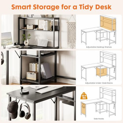 Sweetcrispy 43" Computer Desk, L Shaped Corner Gaming Desk, Power Outlet | Reversible Corner Computer Table, Adjustable Shelf CPU Stand, CPU Stand Hook, Home Office, Black - size: 43 Inch