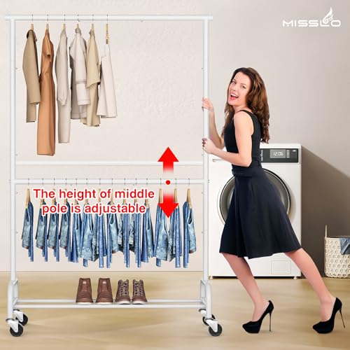 MISSLO Heavy Duty Clothing Racks for Hanging Clothes Rack Double Rod Garment Rack Rolling Closet Wardrobe Rack on Wheels, Metal, Adjustable, White - color: White