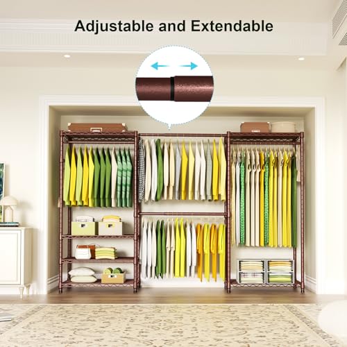 E1 Heavy Duty Closet Garment Rack, 6 Tiers Adjustable Clothes Rack | Bronze Freestanding Expandable Clothing Storage with 4 Hanger Rods, Easy to Assemble Wardrobe System - color: Bronze