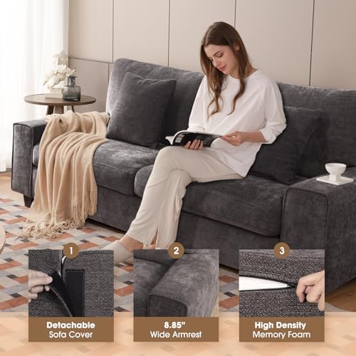 DOPEDIO 71.25" Sofa Set, Chenille Loveseat & 2 Accent Chairs, Dark Grey | Modern chenille sofa set with removable covers, spring cushions, solid wood frame, easy assembly for comfortable living rooms - size: 71.25 inch + 2 Single, style: Dark Grey Chenill