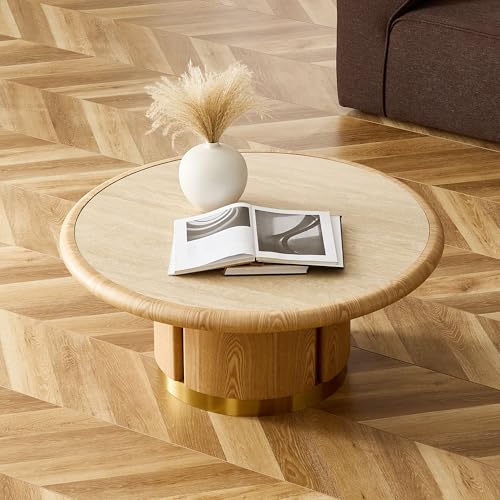 35.43" Round Coffee Table with Sintered Stone Tabletop & Cylindrical Stainless Base, Modern Circle Center Table Tea Table for Living Room, Easy Assembly - Natural - color: 35.43" Coffee Table With Sintered Tabletop, Natural