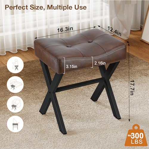 18-Inch Leather Vanity Stool Chair, Dark Brown Makeup Stool | Vanity Bench, Metal X-Leg, Ottoman Accent Stool, Thick Padded Saddle Seat, 300 LBS, 16.3"x12.4"x18", For Bedroom, Closet - size: Small, style: Dark Brown Leather