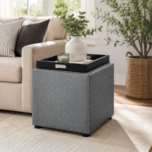 Storage Square Ottoman with Tray, Small Linen Foot Rest Stool Cube, Coffee Table for Dorm Living Room Bedroom, Gray - color: Tray, Grey