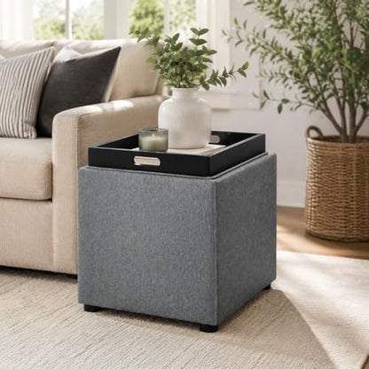 Storage Square Ottoman with Tray, Small Linen Foot Rest Stool Cube, Coffee Table for Dorm Living Room Bedroom, Gray - color: Tray, Grey