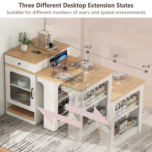 59.5" Kitchen Island with Extendable Dining Table, Kitchen Storage Table with Double-Sided Storage & 2 Drawers, Power Outlet, Side Open Shelves, for Dining Room (White3) - color: White3