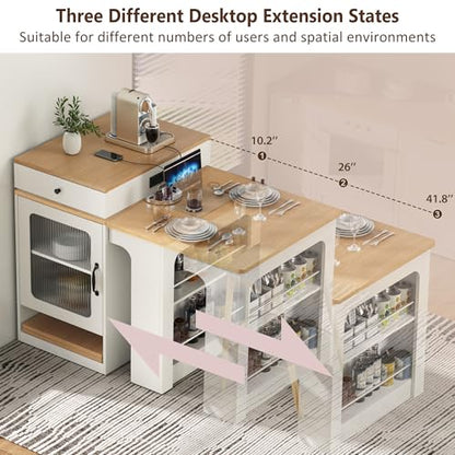 59.5" Kitchen Island with Extendable Dining Table, Kitchen Storage Table with Double-Sided Storage & 2 Drawers, Power Outlet, Side Open Shelves, for Dining Room (White3) - color: White3