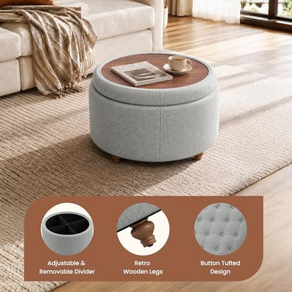 25" Round Ottoman with Storage, Small Coffee Table with Reversible Tray Lid | Tufted Fabric Round Storage Ottoman with Solid Wood Legs, 3-in-1 Footrest for Living Room, Bedroom, Entryway, Gray - color: Grey