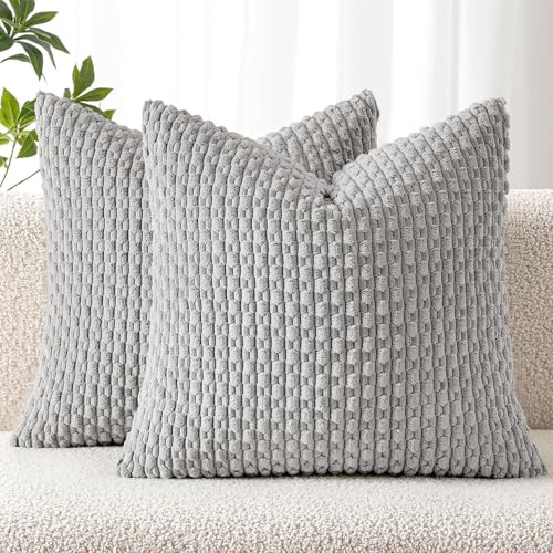 MIULEE Decorative Throw Pillow Covers 16x16 Light Grey Textured Corduroy | Pack of 2 Striped Pillow Covers Modern Farmhouse Home Decor for Couch Bed Sofa Living Room - color: Light Grey, size: 16" x 16" (Pack of 2)