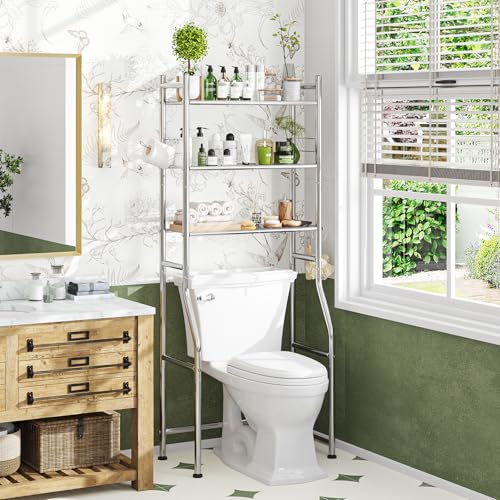 Simple Trending 3 Tier Over The Toilet Rack, Bathroom Shelves with 4 Hooks and Paper Holder, Bathroom Stand Organizer Space Saver, Chrome