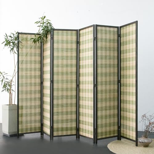 6 Panel Bamboo Room Divider, Green Stripe Folding Privacy Screen | 5.6 ft Folding Screen Divider, Divider for Room Separation, Freestanding Room Partition Screen, Double-Sided Panel Screen - color: Green Stripe, size: 6 Panel