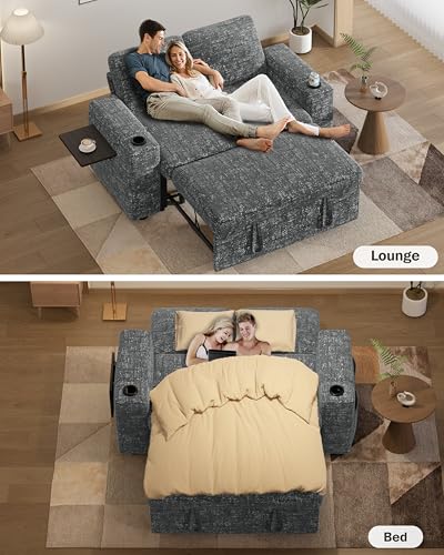 Vipbear 65" Loveseat Sleeper Sofa with Pull Out Bed, Chenille 3-in-1 Convertible Sofa Bed with Reclining Backrest|USB Ports|Cup Holders|Side Table|Storage Armrests, Tool Free Assembly, Grey - color: Grey